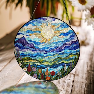 Colorful mountain landscape sun and wildflowers round suncatcher stained glass decor gift for nature lovers