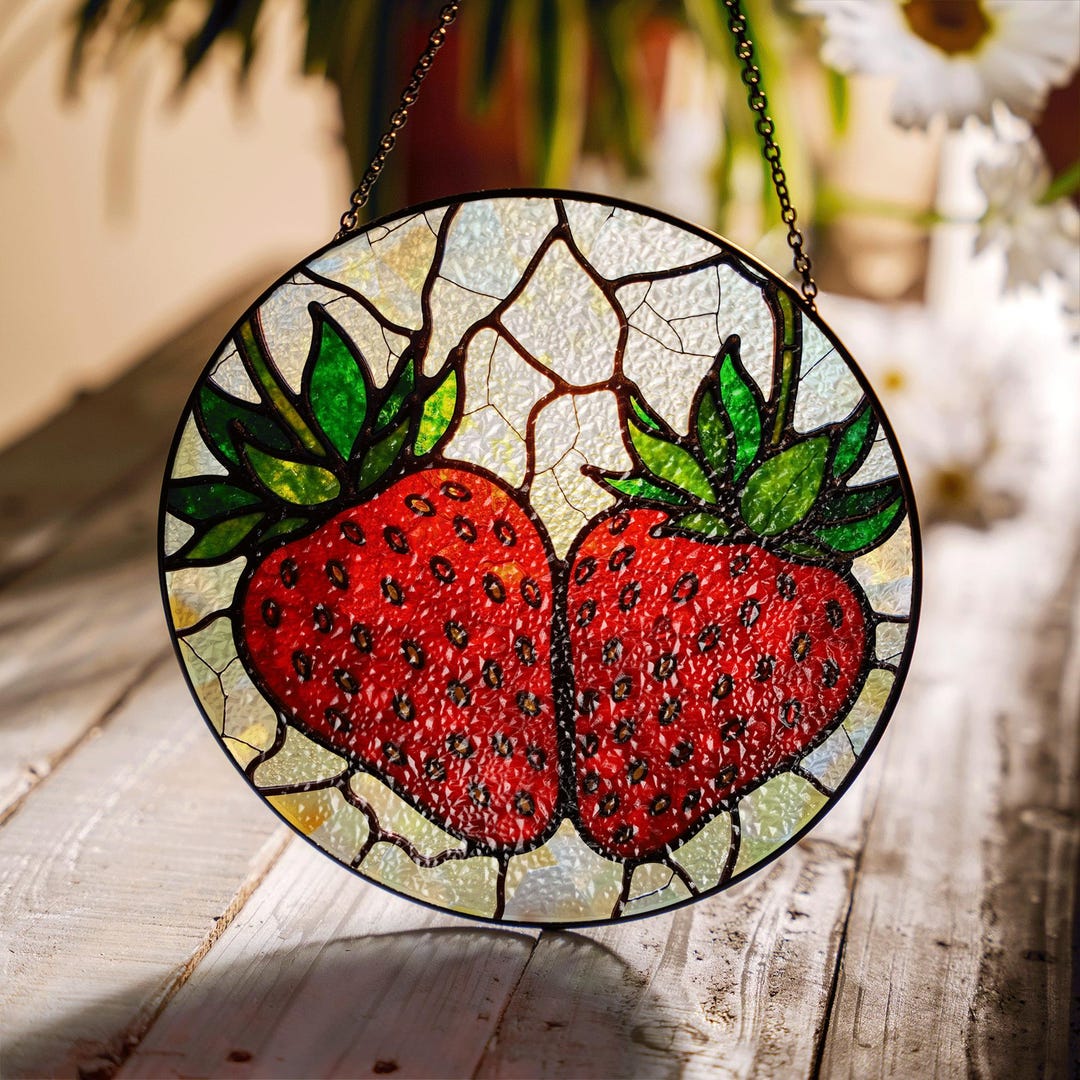 Window Sundries Strawberry Stained Glass Suncatcher Window Decor Gift for Garden Lovers ...