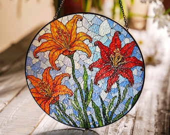 Stained Glass Lily Suncatcher Red and Yellow Flowers Window Decor Gift for Garden Lovers