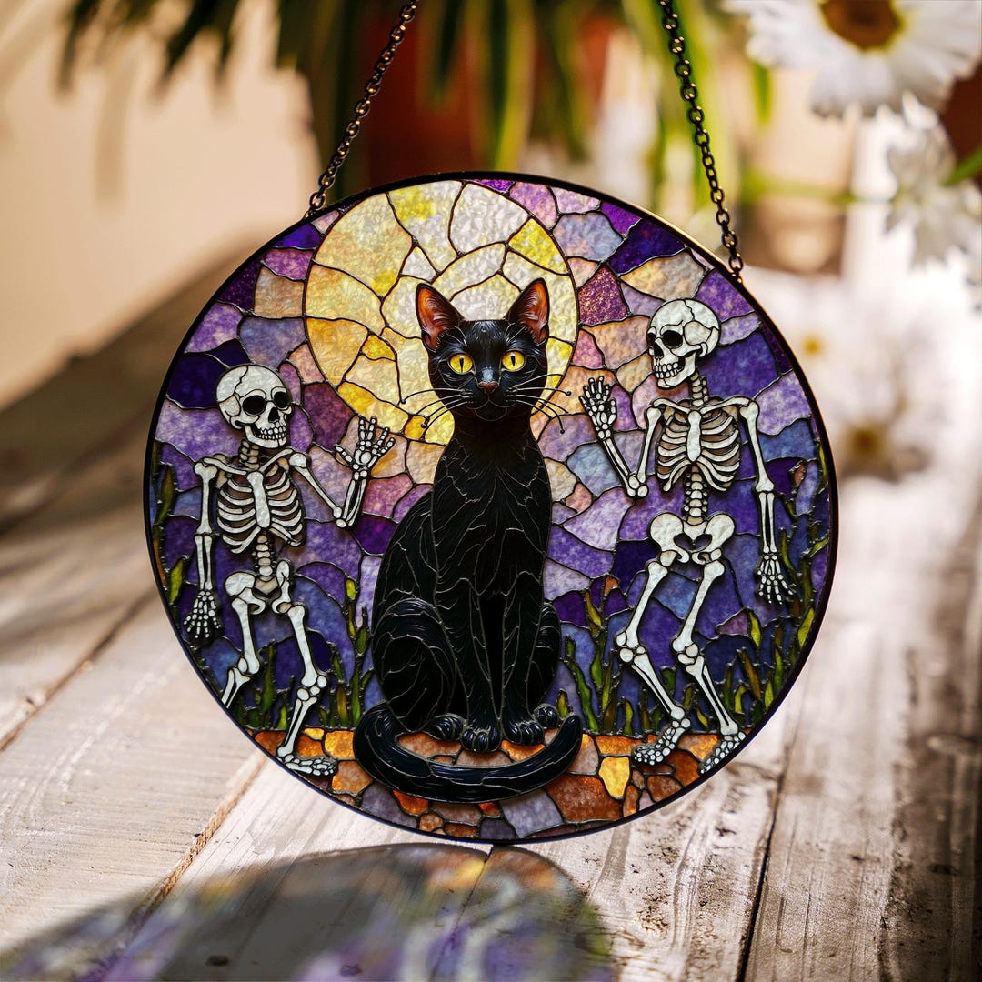 Suncatcher Stained Glass Black Cat With Skeletons Halloween Gift - Etsy