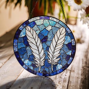 Stained Glass Feather Suncatcher Blue Glass Art Window Decor Gift for Her