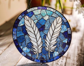 Vitrail attrape-soleil attrape-soleil en verre bleu, art décoratif pour fenêtre, cadeau pour elle