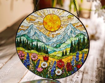 Mountain Wildflower Suncatcher Stained Glass Window Hanging Gift for Nature Lovers