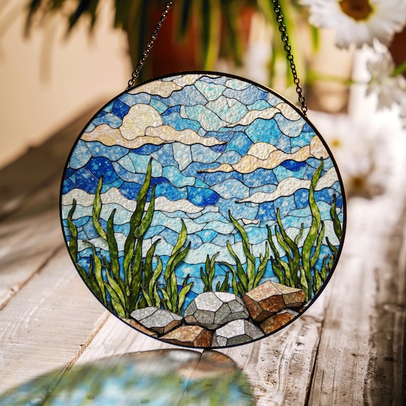 空と石の川の風景サンキャッチャーステンドグラスアート自然愛好家への