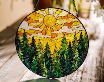 Forest Sun Suncatcher Stained Glass Window Hanging Nature Decor Gift for Mom