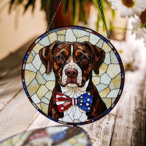 American Flag Dog Mosaic stained glass suncatcher window decor Fourth of July gift for dog lovers