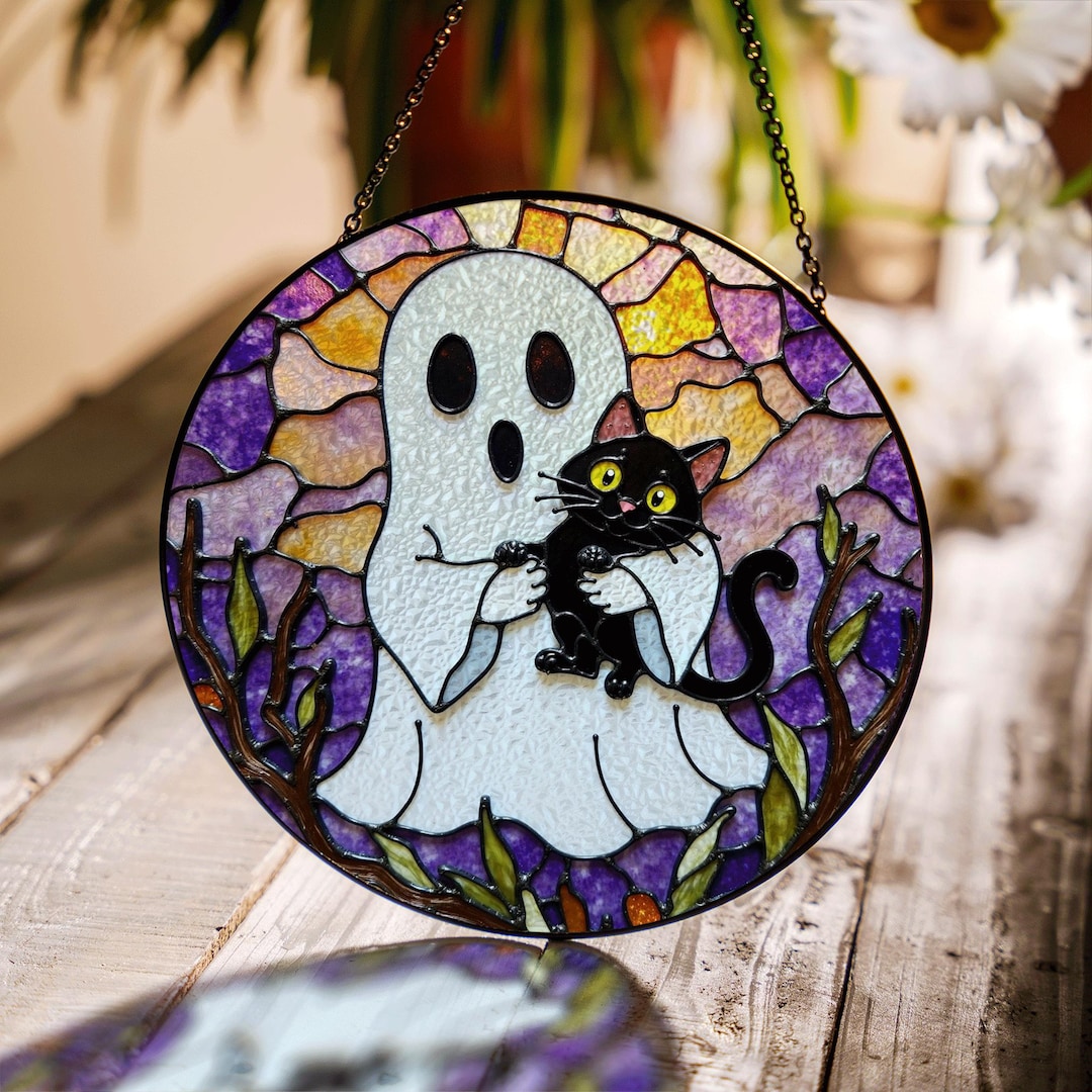Ghost Cat Suncatcher Stained Glass Window Decor Halloween Gift for Cat ...