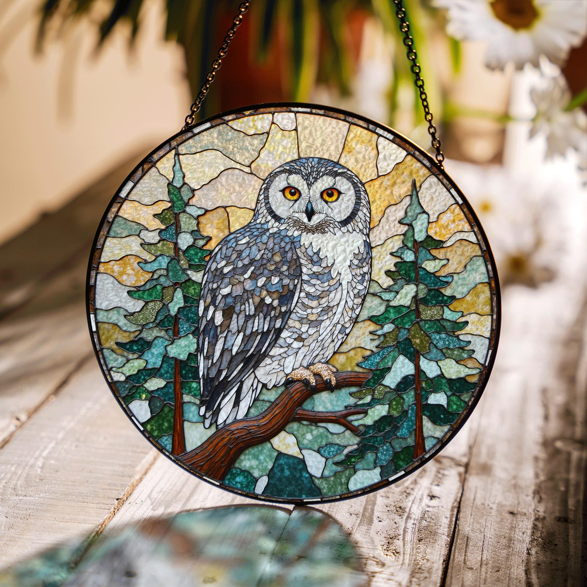 フクロウの森の風景ステンドグラス窓吊り下げサンキャッチャー自然愛好