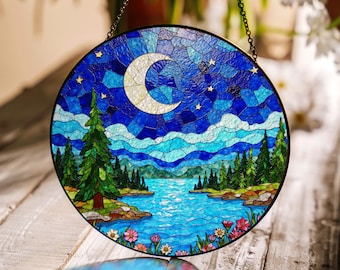 Moonlight lake forest night suncatcher stained glass window hanging gift for nature lover