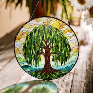 Weeping Willow Tree Sunrise Stained Glass Suncatcher Window Art Gift for Mom Housewarming