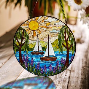 Sailboat Stained Glass Suncatcher Nautical Window Hanging Gift for Sailor Beach Lover