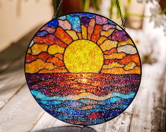 海岸沿いの町のステンドグラスのサンキャッチャー窓装飾芸術愛好家への