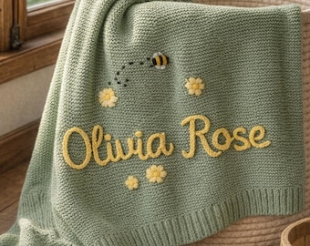 Manta de bebé bordada personalizada, manta tejida con nombre personalizado