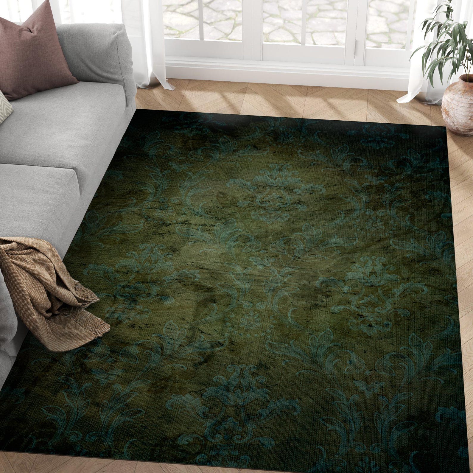 Dark Green Gothic Floral Rug: Washable Home Decor - Etsy