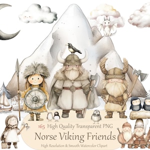 Cute Viking Clipart Norse Bundle - Niedliche druckbare Aquarell Clipart, Nordische Symbole, Wikinger Krieger, Nordische Schiffe, Kommerzielle Lizenz