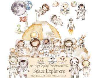 Paquete de imágenes prediseñadas de astronautas adorables: espacio, planetas, extraterrestres, ovnis (PNG) - Descarga digital instantánea, decoración de aula con temática espacial e imprimibles para niños.