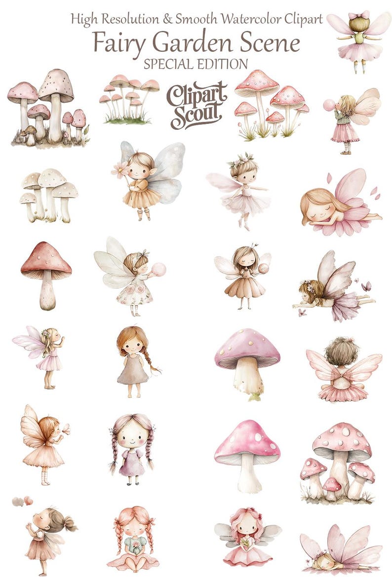 Watercolor Fairy Clipart Bundle, Pink Garden Fairy PNG Set, Mushroom ...
