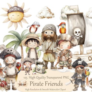 Ensemble de cliparts pirate mignon, aquarelle pour chambre d'enfant pirates, pirate PNG pour les enfants, clipart fête sur le thème des pirates, usage commercial, téléchargement numérique