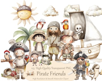 Cute Pirate Clipart Set, Watercolor Pirates Nursery Art, Pirate PNG for Kids, Pirate themed Party Clipart, Commercial Use, Digital Download