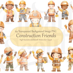 Puede incluir: Conjunto de 69 im&aacute;genes de clipart de acuarela de trabajadores de la construcci&oacute;n. Las im&aacute;genes presentan a varios trabajadores de la construcci&oacute;n con cascos y herramientas. Las im&aacute;genes son perfectas para crear invitaciones, tarjetas y otras manualidades.