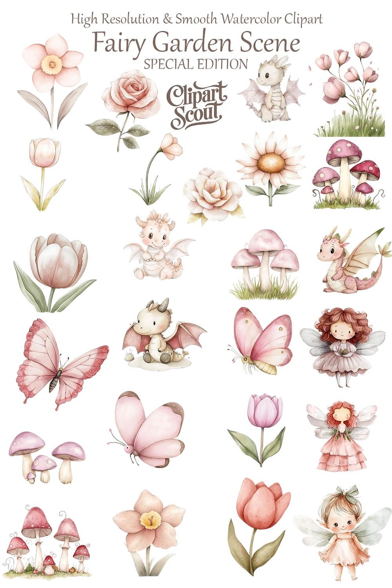 Watercolor Fairy Clipart Bundle, Pink Garden Fairy PNG Set, Mushroom ...