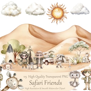 Lindo safari clipart - Animales de safari en acuarela - Safari tour clipart - Safari de animales salvajes, animales africanos clipart - LICENCIA COMERCIAL PDF