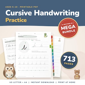 May include: A printable PDF cursive handwriting practice workbook for ages 5-10, featuring 713 pages in a 12-section mega bundle. The document includes tracing exercises for the letter i, illustrated with small animal graphics and clear instructions.
