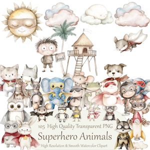 Niedliche Superhelden Tiere Clipart - Aquarell Clipart - Hamster, Frosch, Eule, Schildkröte, Hund, Katze - Kinder Aufkleber - KOMMERZIELLE LIZENZ INBEGRIFFEN