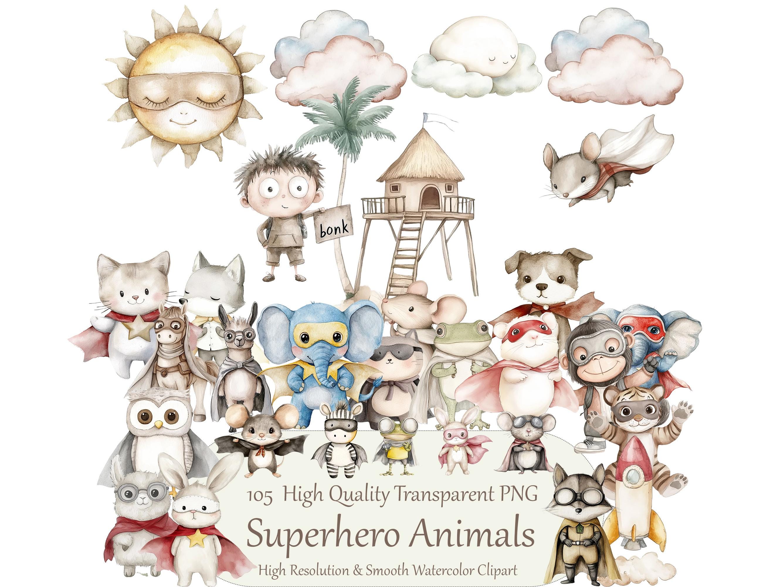 Cute Superhero Animals Clipart - Watercolor Clipart - Hamster, Frog, Owl, Turtle, Dog, Cat - Children Stickers - COMMERCIAL LICENSE INCLUDED