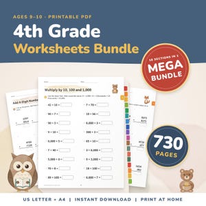 May include: A 4th Grade Worksheets Bundle printable PDF featuring 730 pages across 18 sections. The educational material includes math problems like multiplication and addition, decorated with cartoon owl, bear, and fox illustrations.