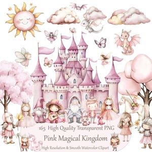 Süßes rosa magisches Königreich Clipart - Aquarell Clipart - Schloss, Prinzessin, Drache, Einhorn - Schulmädchen Printables - KOMMERZIELLE LIZENZ