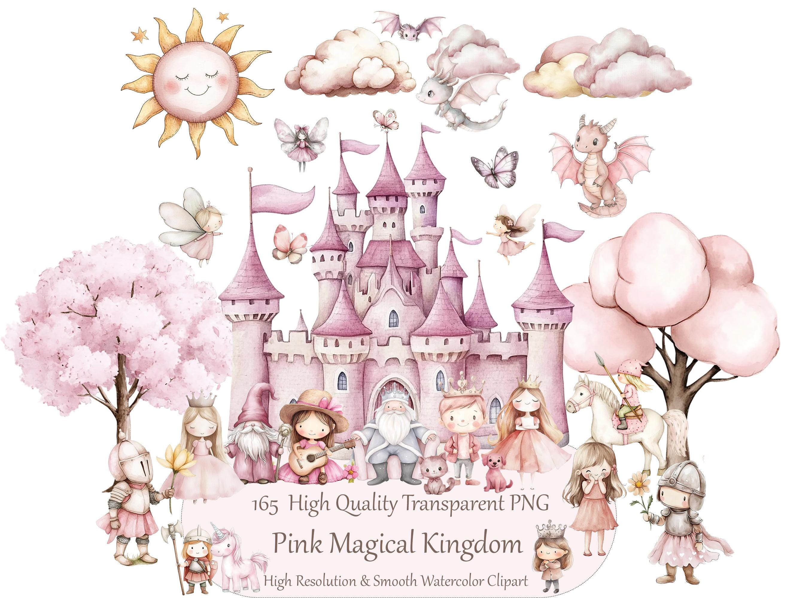 Watercolor Pink Magical Kingdom Clipart Bundle, Princess Castle Dragon ...