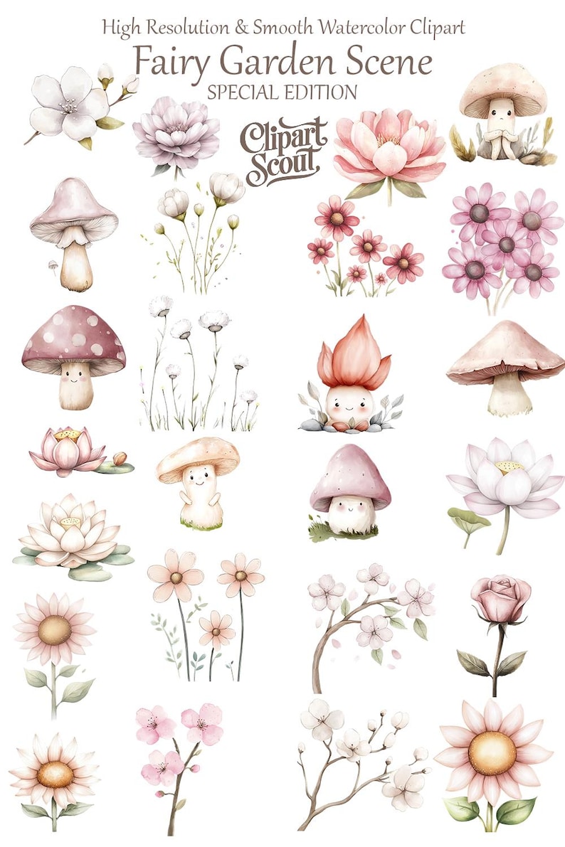 Watercolor Fairy Clipart Bundle, Pink Garden Fairy PNG Set, Mushroom ...
