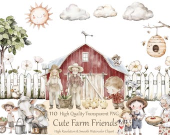 Imágenes prediseñadas de granja adorables - Animales de granja en acuarela - Imágenes prediseñadas de establo - Animales de granja - Imágenes prediseñadas de cabra adorable - Imágenes prediseñadas de animales para proyectos imprimibles (110 imágenes PNG)