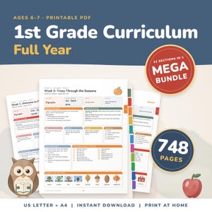 May include: A printable 1st Grade Curriculum Full Year PDF bundle featuring 748 pages across 11 sections. The document includes weekly lesson plans, such as Week 5: Trees Through the Seasons, with colorful icons, an owl illustration, and a red apple.