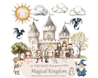 Cute Magical Kingdom Clipart - Watercolor Clipart - Castle, Princess, Dragon, Unicorn - Kids School Stickers - COMMERCIAL LICENSE INCLUDED