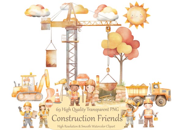Watercolor Construction Clipart Bundle, Kids Birthday Decor PNG Set, Construction Trucks Clipart, Nursery Wall Art, Cute Digital Download