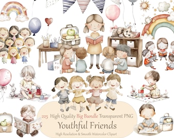 Cute Kindergarten Watercolor Clipart Set - Activities Clipart for Teachers, Youthful School Art, Friends Group Clipart, Commercial License