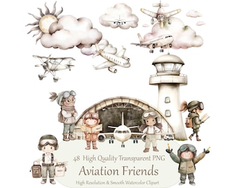Puede incluir: Ilustración de acuarela de un conjunto de 48 imágenes de clipart con temática de aviación. Las imágenes incluyen aviones, una torre de control, nubes, un hangar y niños vestidos de pilotos. El texto "Aviation Friends" está incluido en la imagen.