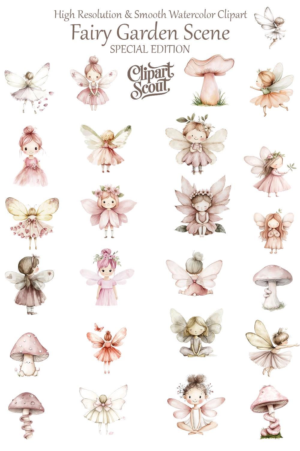 Watercolor Fairy Clipart Bundle, Pink Garden Fairy PNG Set, Mushroom ...