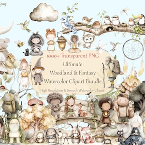 Ultimate Cute Woodland Clipart, Nursery Animals Watercolor Clipart Bundle | 1000+ PNG | Cute Forest Animals Quirky Animal PNG, Cozy Elements