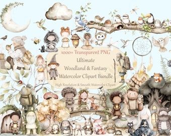 Ultimate Cute Woodland Clipart, Nursery Animals Watercolor Clipart Bundle | 1000+ PNG | Cute Forest Animals Quirky Animal PNG, Cozy Elements