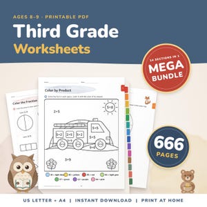 Third Grade Worksheets Bundle, 660+ Printable 3rd Grade Pages, Multiplication, Fractions, Reading Comprehension, Grammar, Spelling