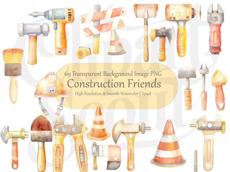 Puede incluir: Un conjunto de 69 im&aacute;genes de clipart de acuarela de herramientas y equipos de construcci&oacute;n. Las im&aacute;genes incluyen un martillo, una sierra, una llave inglesa, un destornillador, un taladro, una pala y mucho m&aacute;s. Las im&aacute;genes est&aacute;n todas en un estilo de dibujos animados y son perfectas para usar en scrapbooking, creaci&oacute;n de tarjetas y otros proyectos de manualidades.