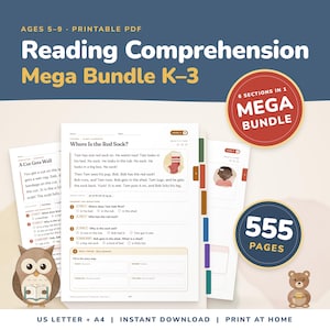Puede incluir: Un paquete de comprensión lectora en PDF imprimible para edades de 5 a 9 años, con 555 páginas de hojas de trabajo. La portada muestra el título Reading Comprehension Mega Bundle K-3, con páginas de muestra que incluyen historias como Where Is the Red Sock? y A Cut Gets Well, junto a ilustraciones de un búho y un oso.