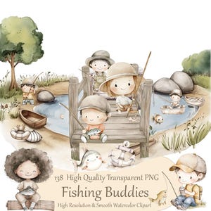 Joli ensemble de cliparts de pêche aquarelle, pêcheurs fantaisistes, illustrations de poissons, petit pêcheur PNG, Fisk, usage Commercial, téléchargement numérique PNG