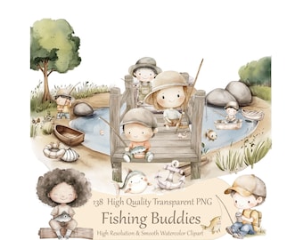 Niedliches Aquarell Angeln Clipart-Set, wunderliche Angler, Fisch Illustrationen, Kleiner Fischer PNG, Fisk, kommerzielle Nutzung, digitaler Download PNG