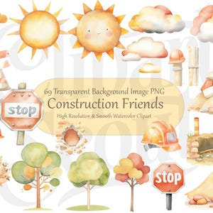 Puede incluir: Un conjunto de 69 im&aacute;genes de clipart de acuarela con ilustraciones de tem&aacute;tica de construcci&oacute;n. Las im&aacute;genes incluyen un sol sonriente, nubes, se&ntilde;ales de stop, cascos de construcci&oacute;n y una variedad de equipos de construcci&oacute;n. Las im&aacute;genes son perfectas para crear proyectos digitales o impresos.