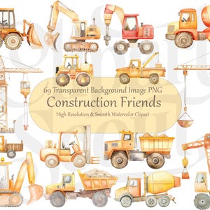 Puede incluir: Un conjunto de 69 im&aacute;genes de clipart de acuarela de veh&iacute;culos y equipos de construcci&oacute;n. Las im&aacute;genes incluyen una gr&uacute;a, una excavadora, una mezcladora de cemento, una carretilla elevadora, un cami&oacute;n volquete, y m&aacute;s. Las im&aacute;genes est&aacute;n todas en un estilo de dibujos animados y tienen un esquema de color amarillo y marr&oacute;n. Las im&aacute;genes son perfectas para usar en scrapbooking, creaci&oacute;n de tarjetas y otros proyectos de manualidades.