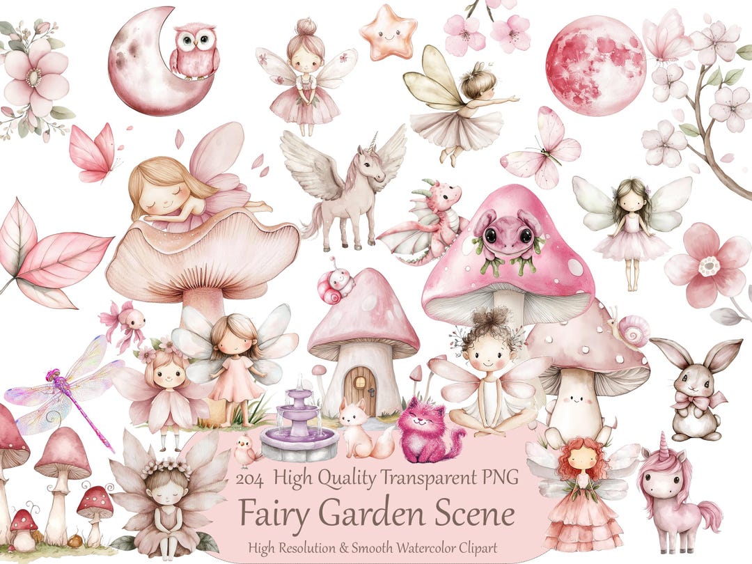 Watercolor Fairy Clipart Bundle, Pink Garden Fairy PNG Set, Mushroom ...